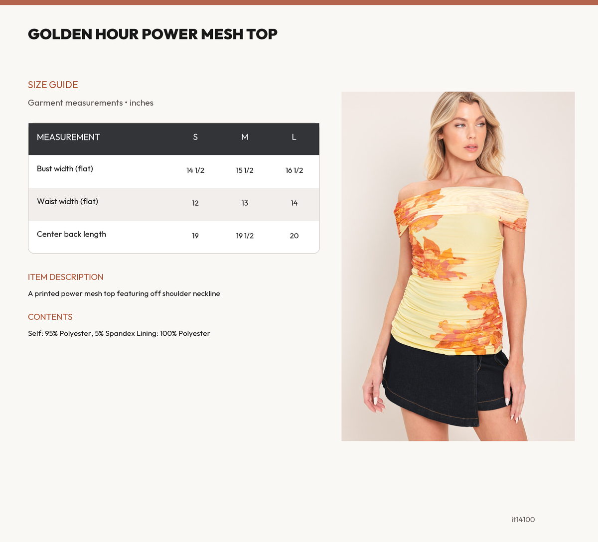 GOLDEN HOUR POWER MESH TOP size chart