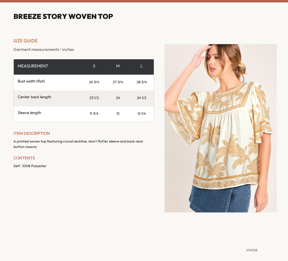 BREEZE STORY WOVEN TOP size chart
