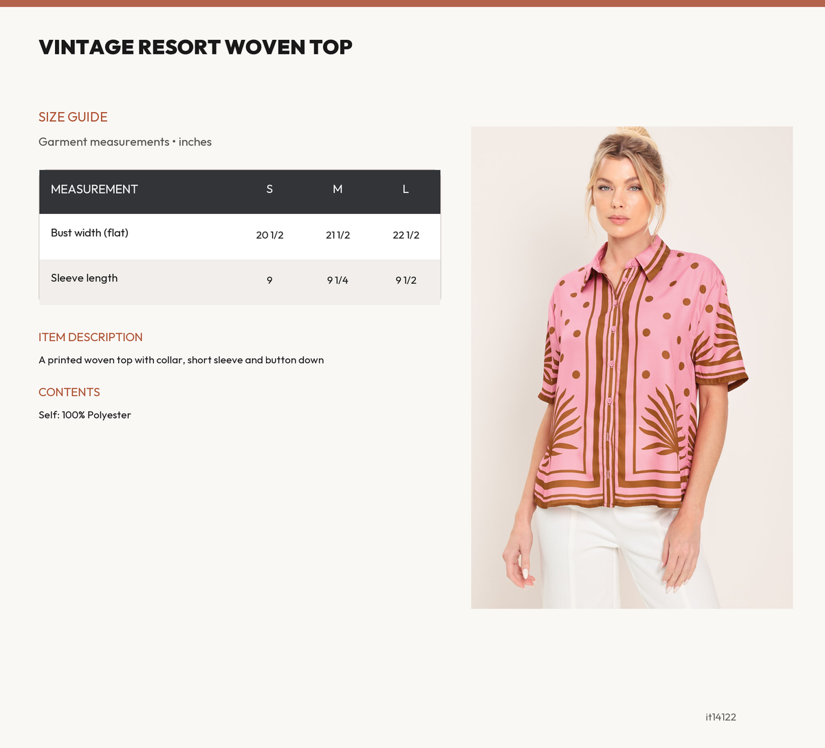 VINTAGE RESORT WOVEN TOP size chart