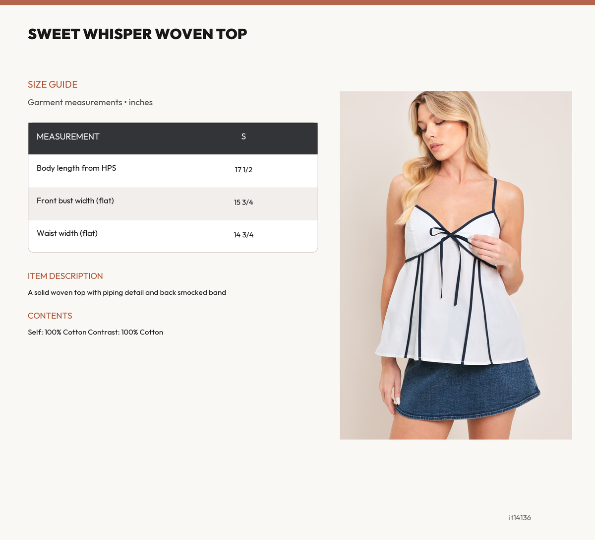 SWEET WHISPER WOVEN TOP size chart