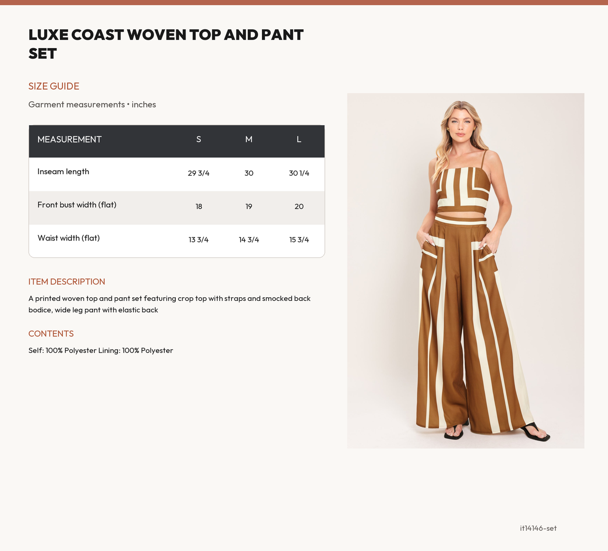 LUXE COAST WOVEN TOP AND PANT SET size chart