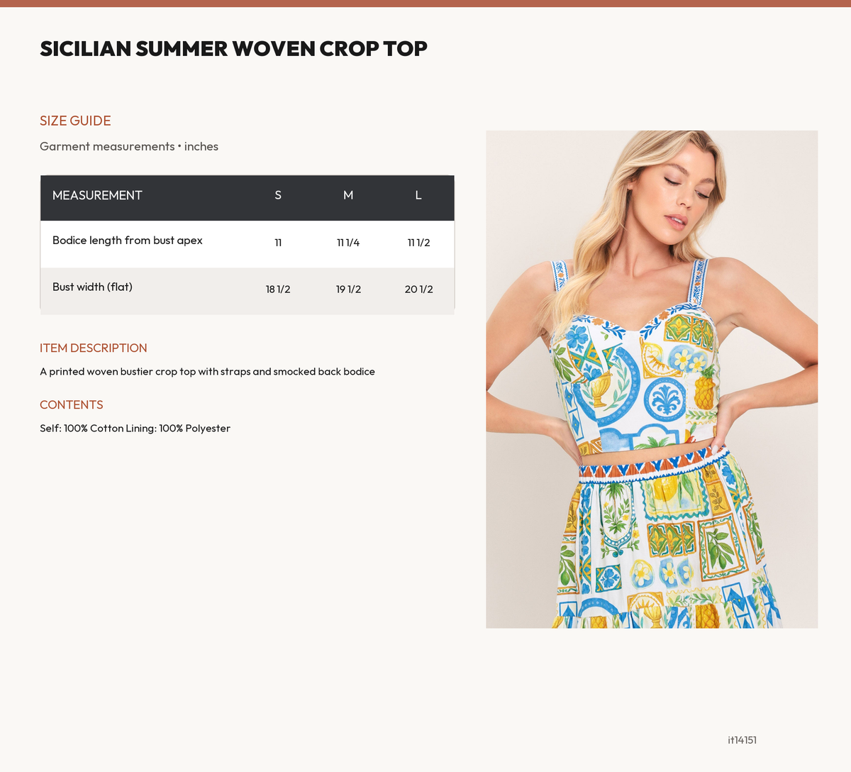 SICILIAN SUMMER WOVEN CROP TOP size chart