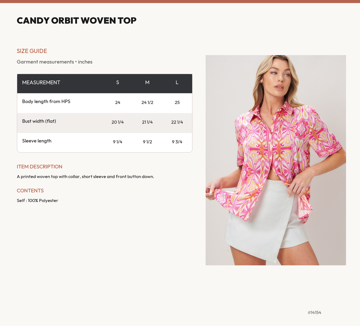 CANDY ORBIT WOVEN TOP size chart