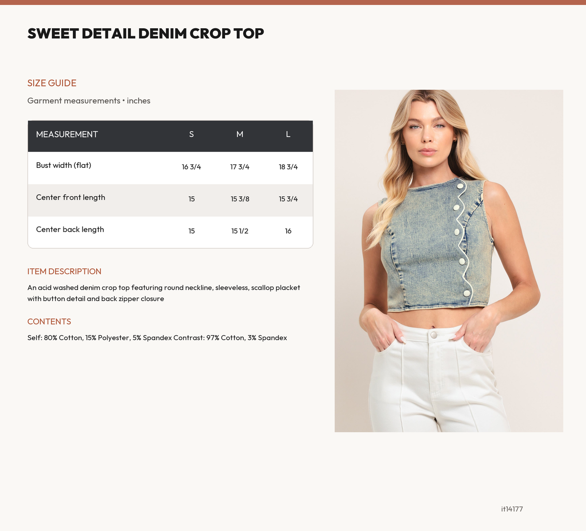 SWEET DETAIL DENIM CROP TOP size chart