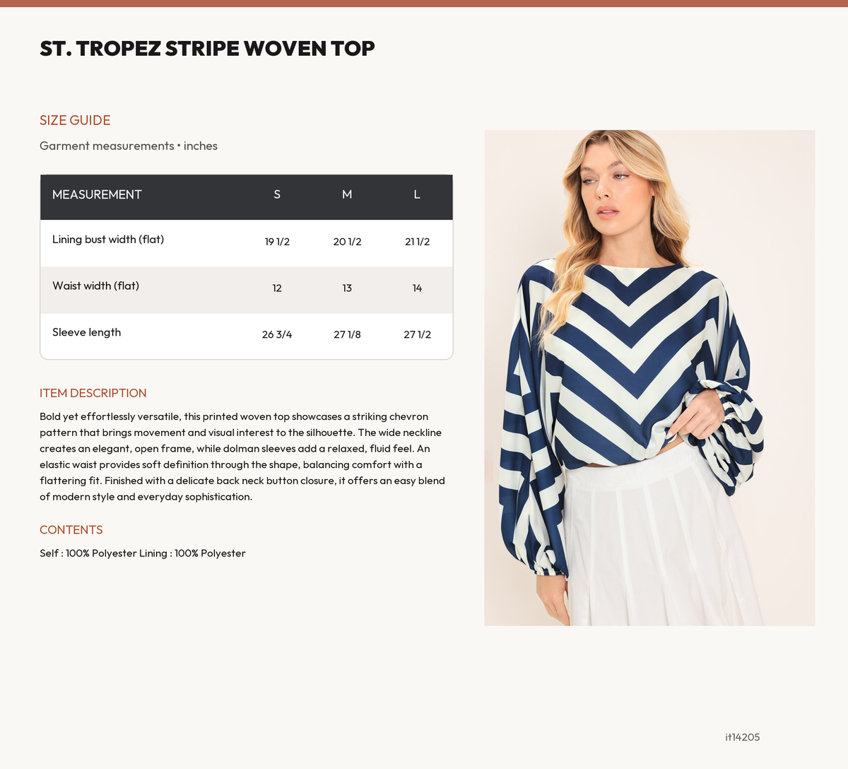 ST. TROPEZ STRIPE WOVEN TOP size chart
