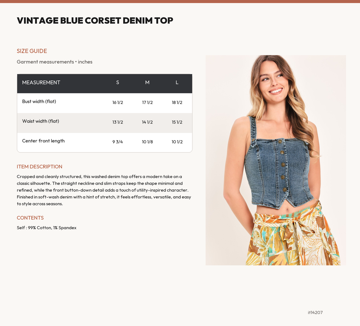 VINTAGE BLUE CORSET DENIM TOP size chart
