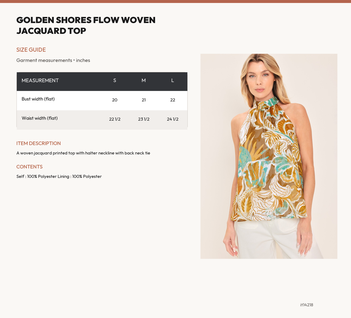 GOLDEN SHORES FLOW WOVEN JACQUARD TOP size chart