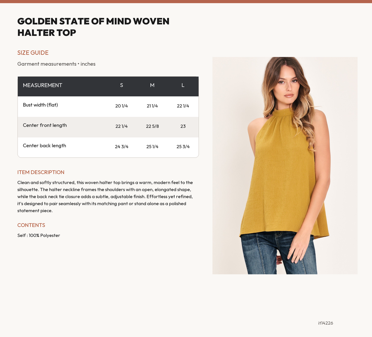 GOLDEN STATE OF MIND WOVEN HALTER TOP size chart