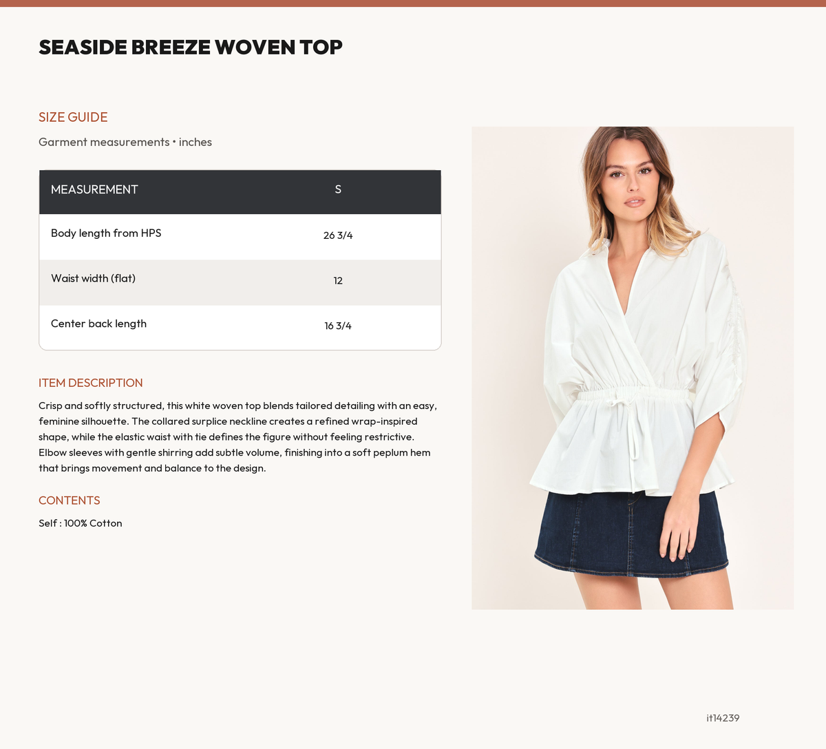 SEASIDE BREEZE WOVEN TOP size chart