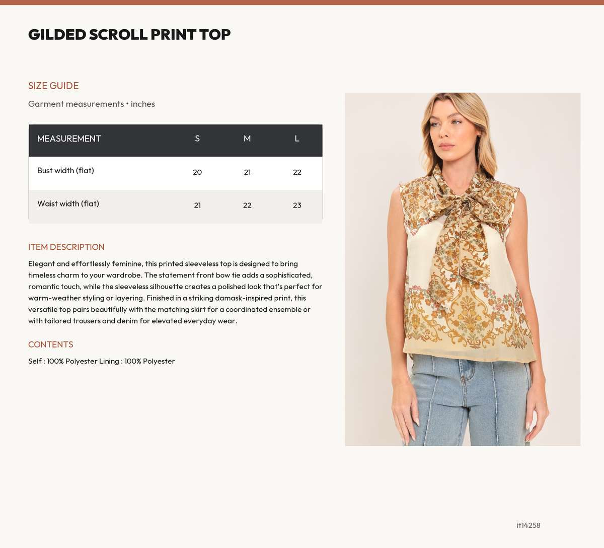 GILDED SCROLL PRINT TOP size chart