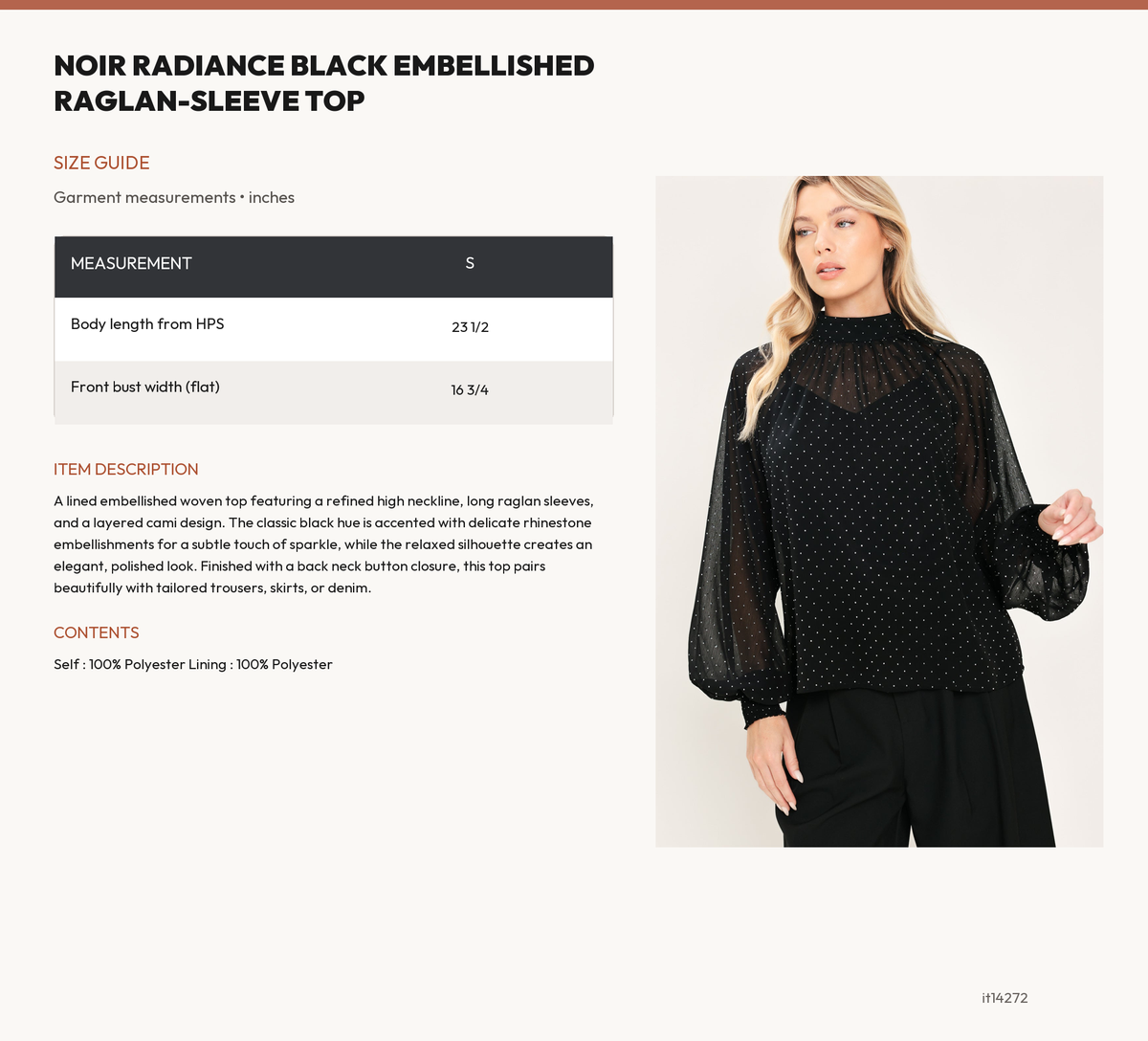 NOIR RADIANCE BLACK EMBELLISHED RAGLAN-SLEEVE TOP size chart
