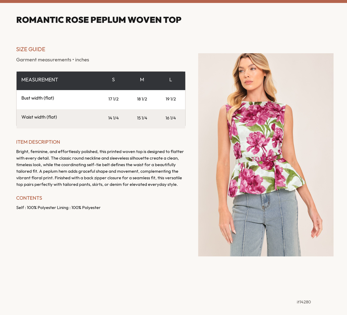 ROMANTIC ROSE PEPLUM WOVEN TOP size chart
