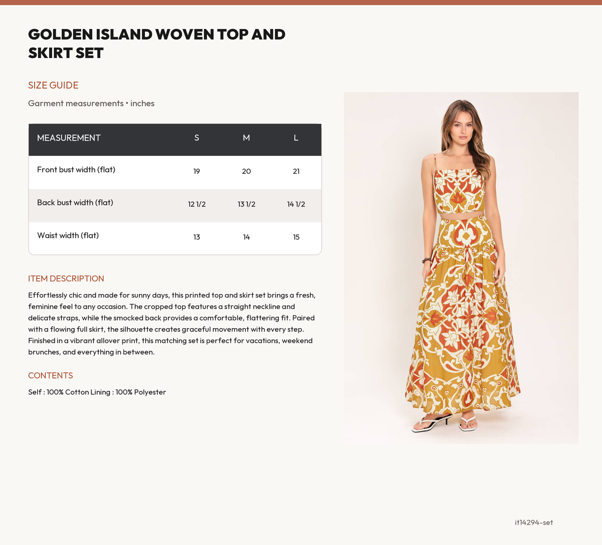 GOLDEN ISLAND WOVEN TOP AND SKIRT SET size chart