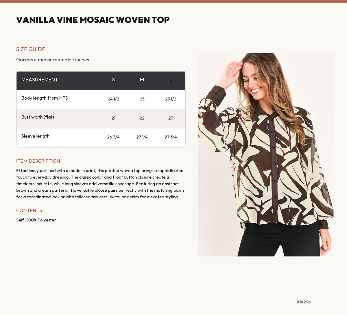 VANILLA VINE MOSAIC WOVEN TOP size chart