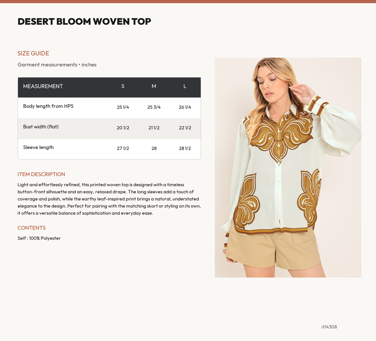DESERT BLOOM WOVEN TOP size chart