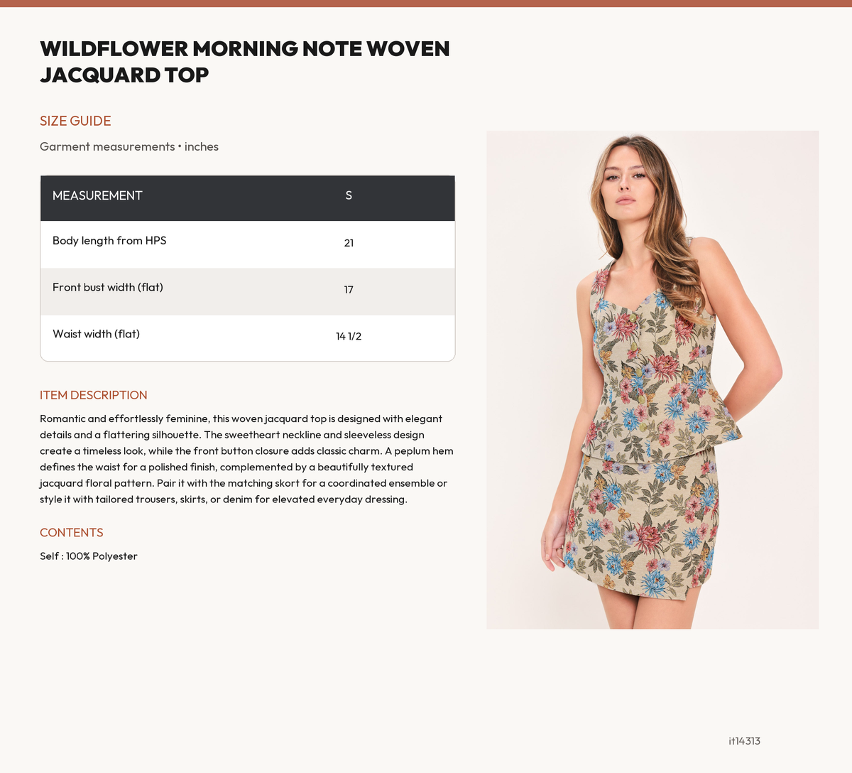 WILDFLOWER MORNING NOTE WOVEN JACQUARD TOP size chart