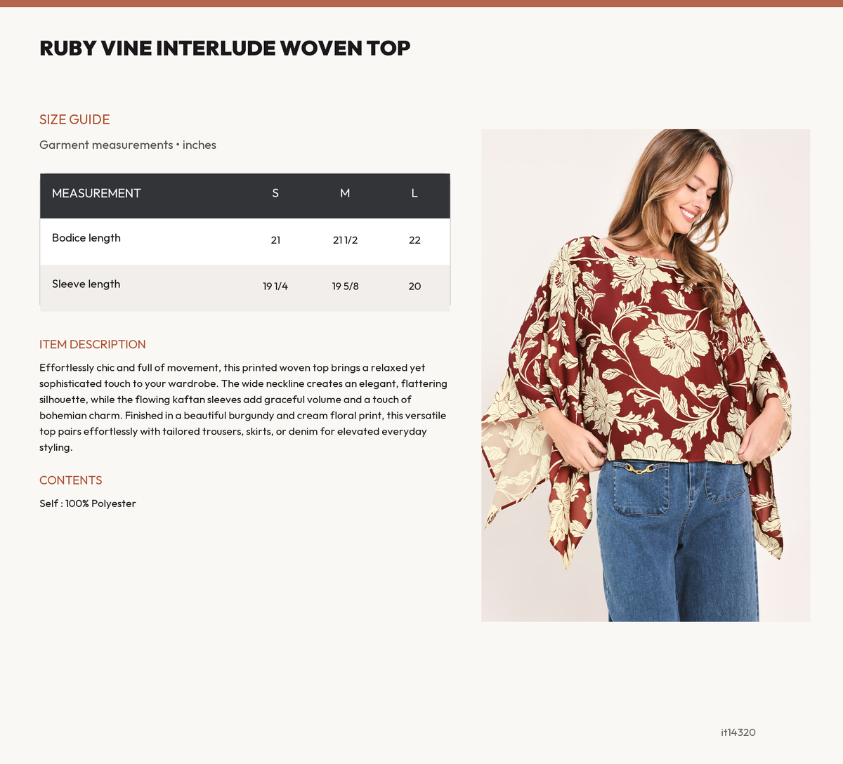 RUBY VINE INTERLUDE WOVEN TOP size chart