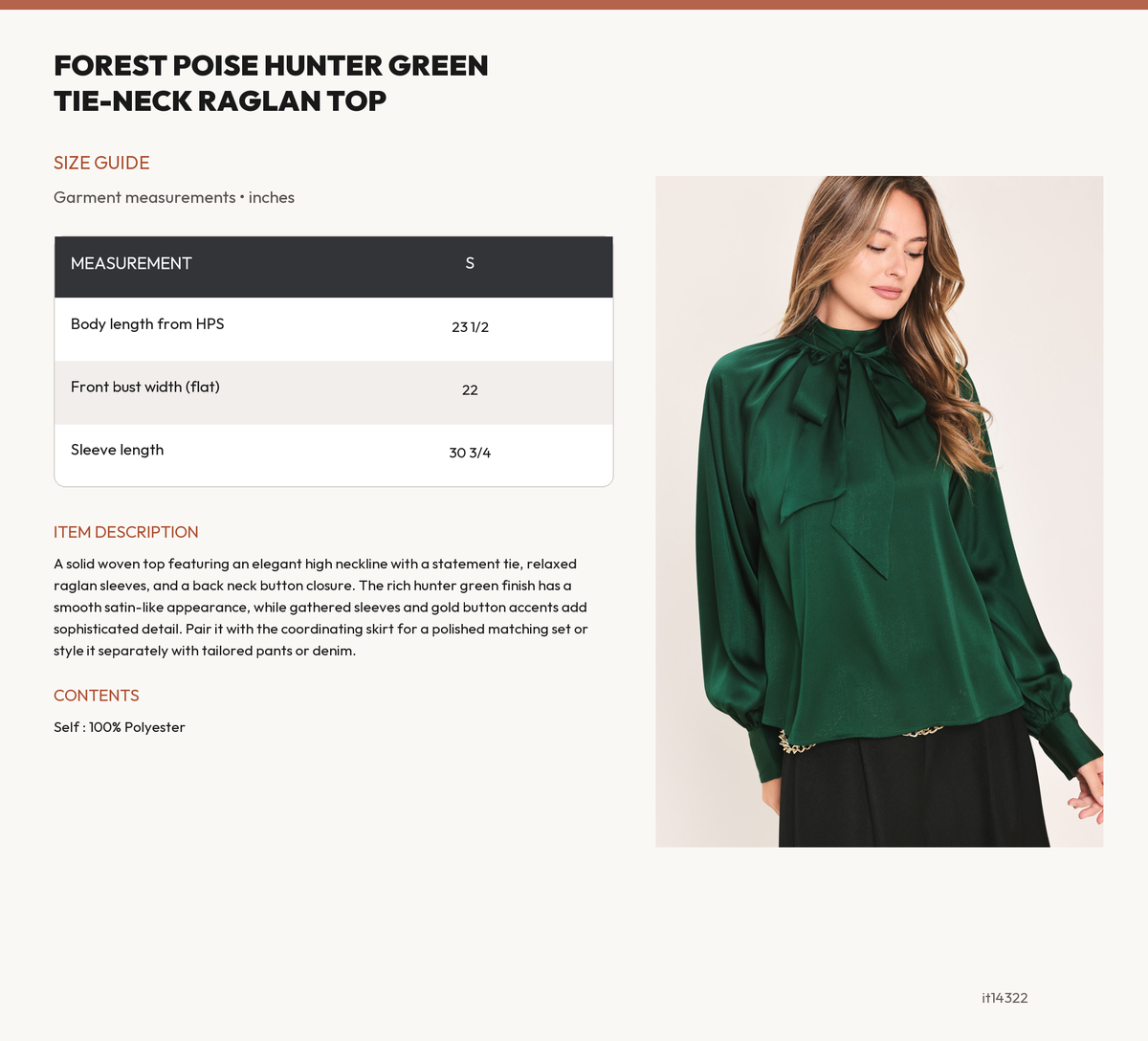 FOREST POISE HUNTER GREEN TIE-NECK RAGLAN TOP size chart