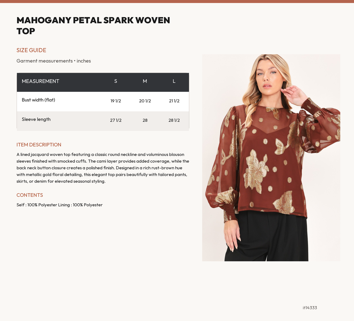 MAHOGANY PETAL SPARK WOVEN TOP size chart