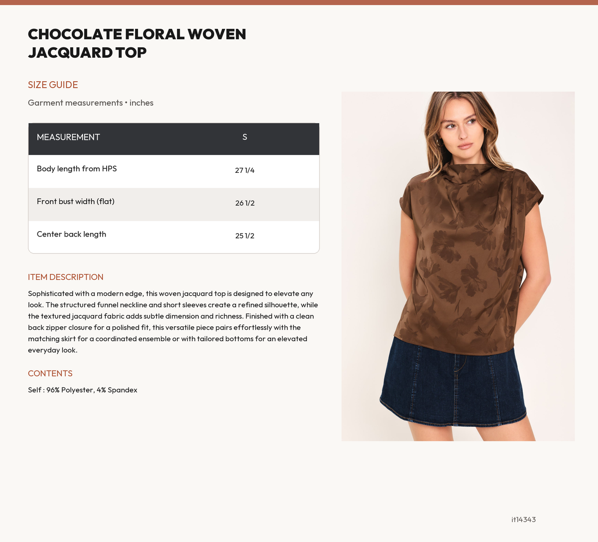 CHOCOLATE FLORAL WOVEN JACQUARD TOP size chart