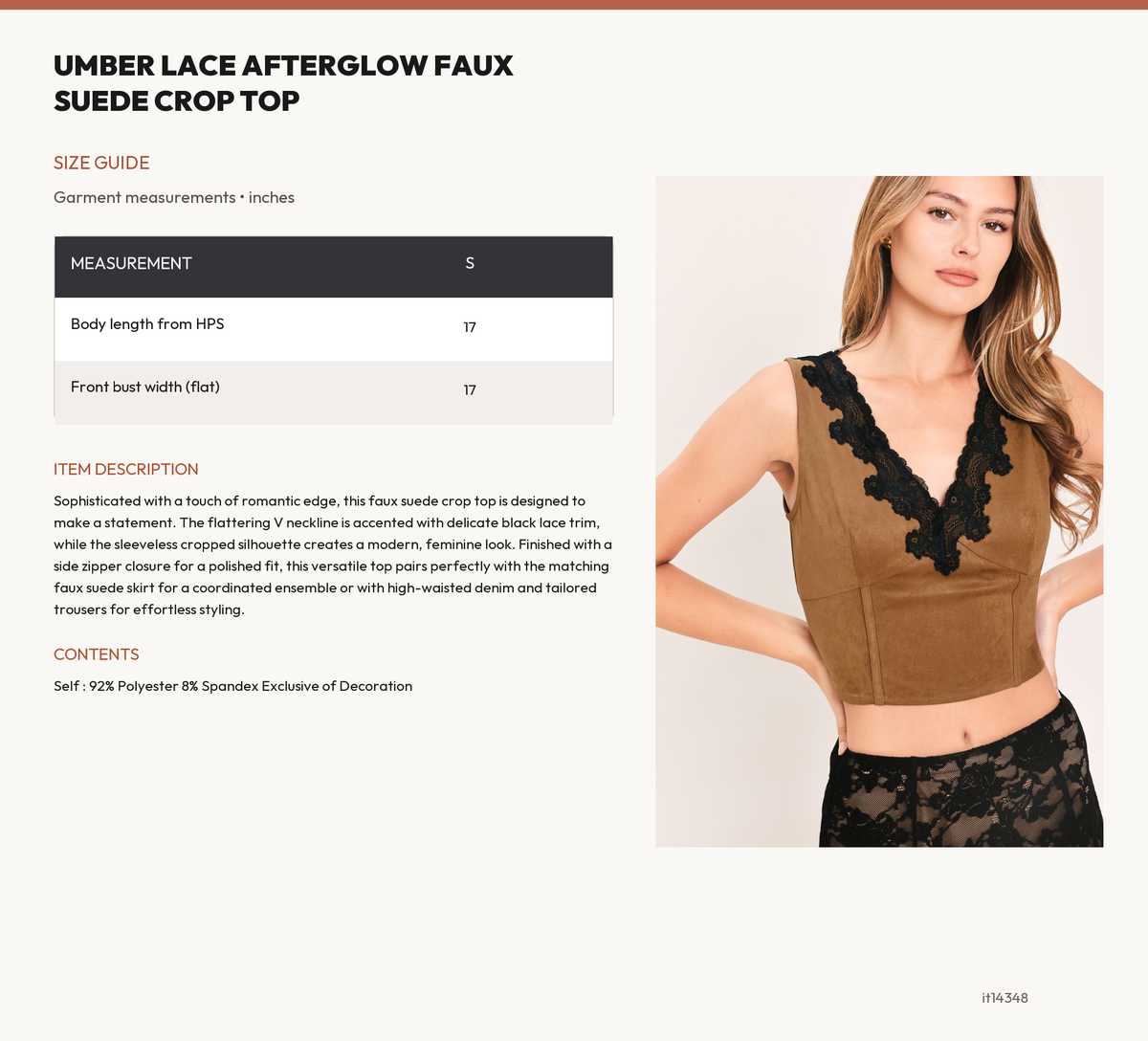 UMBER LACE AFTERGLOW FAUX SUEDE CROP TOP size chart