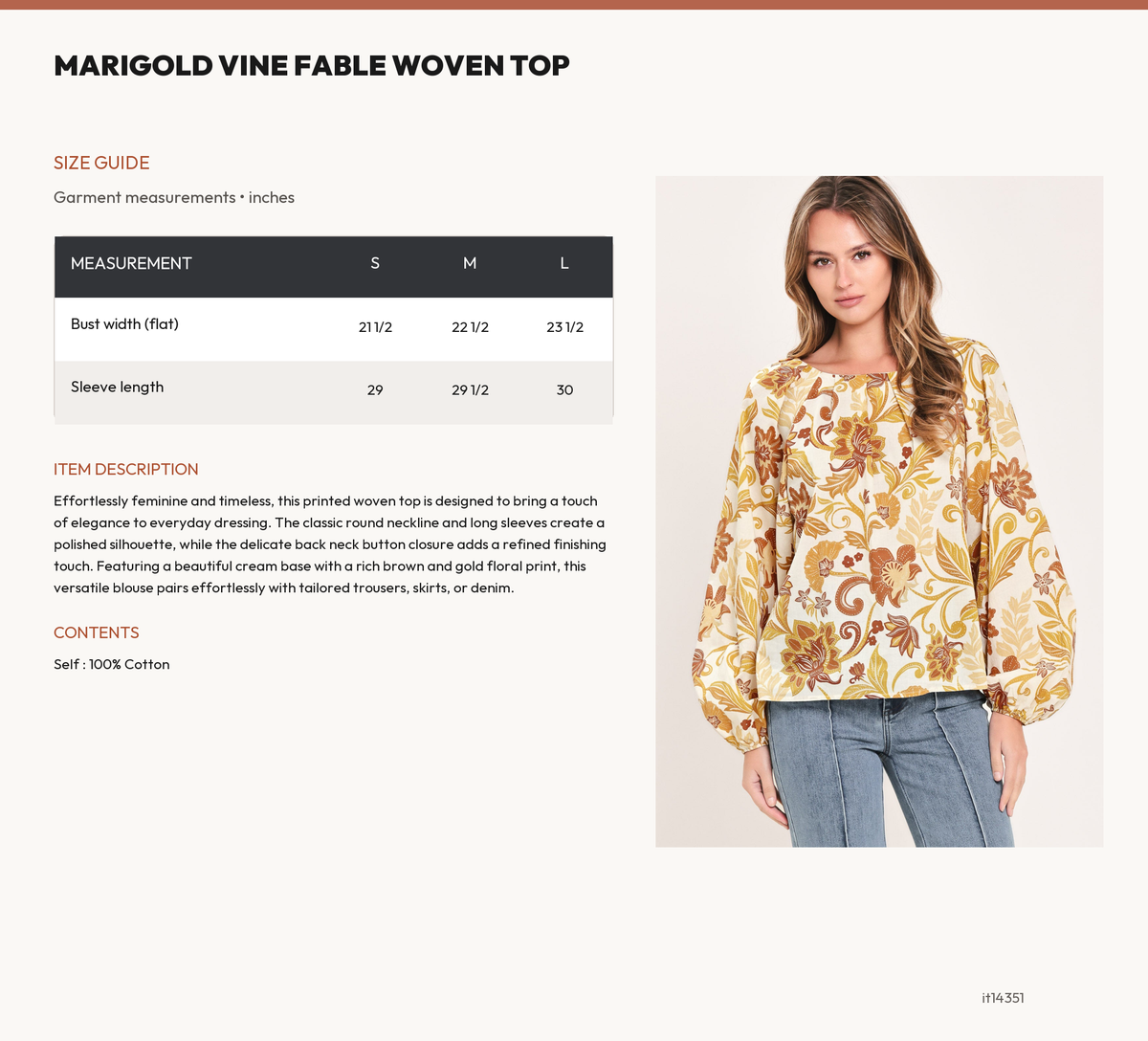 MARIGOLD VINE FABLE WOVEN TOP size chart