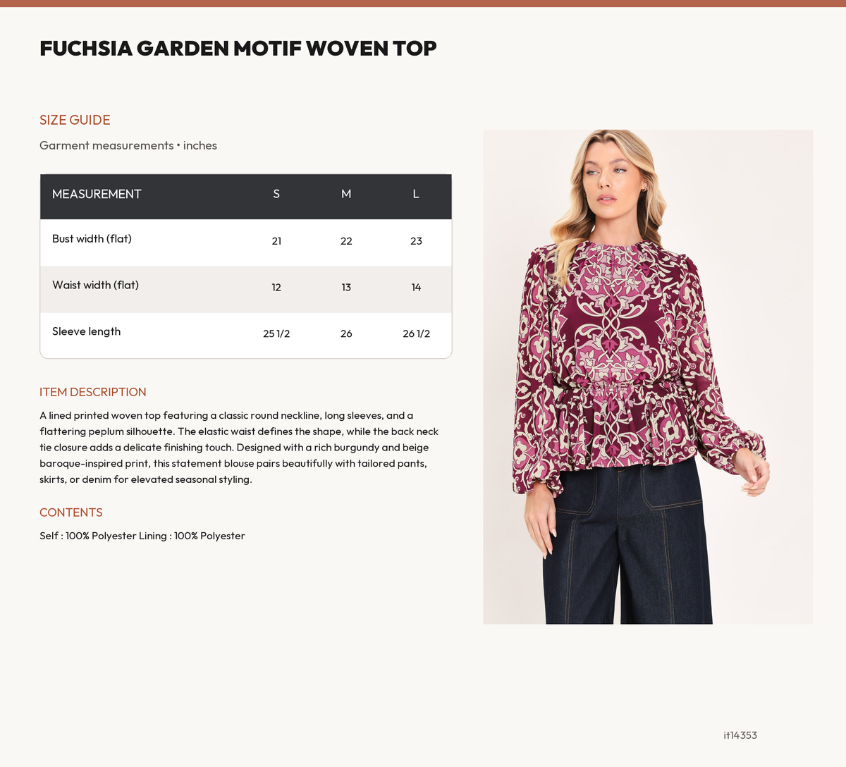 FUCHSIA GARDEN MOTIF WOVEN TOP size chart