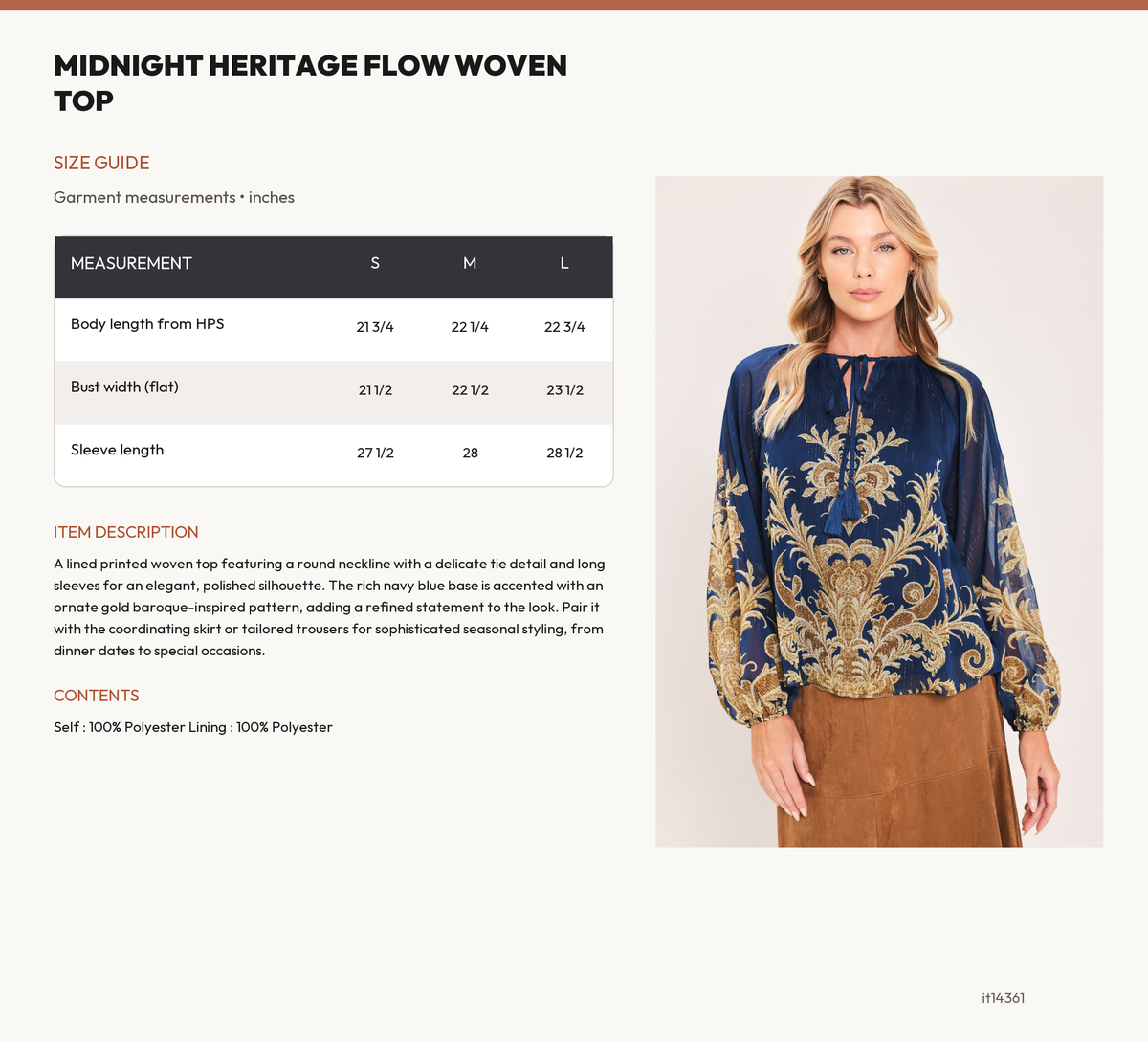 MIDNIGHT HERITAGE FLOW WOVEN TOP size chart