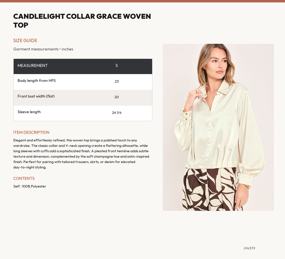 CANDLELIGHT COLLAR GRACE WOVEN TOP size chart