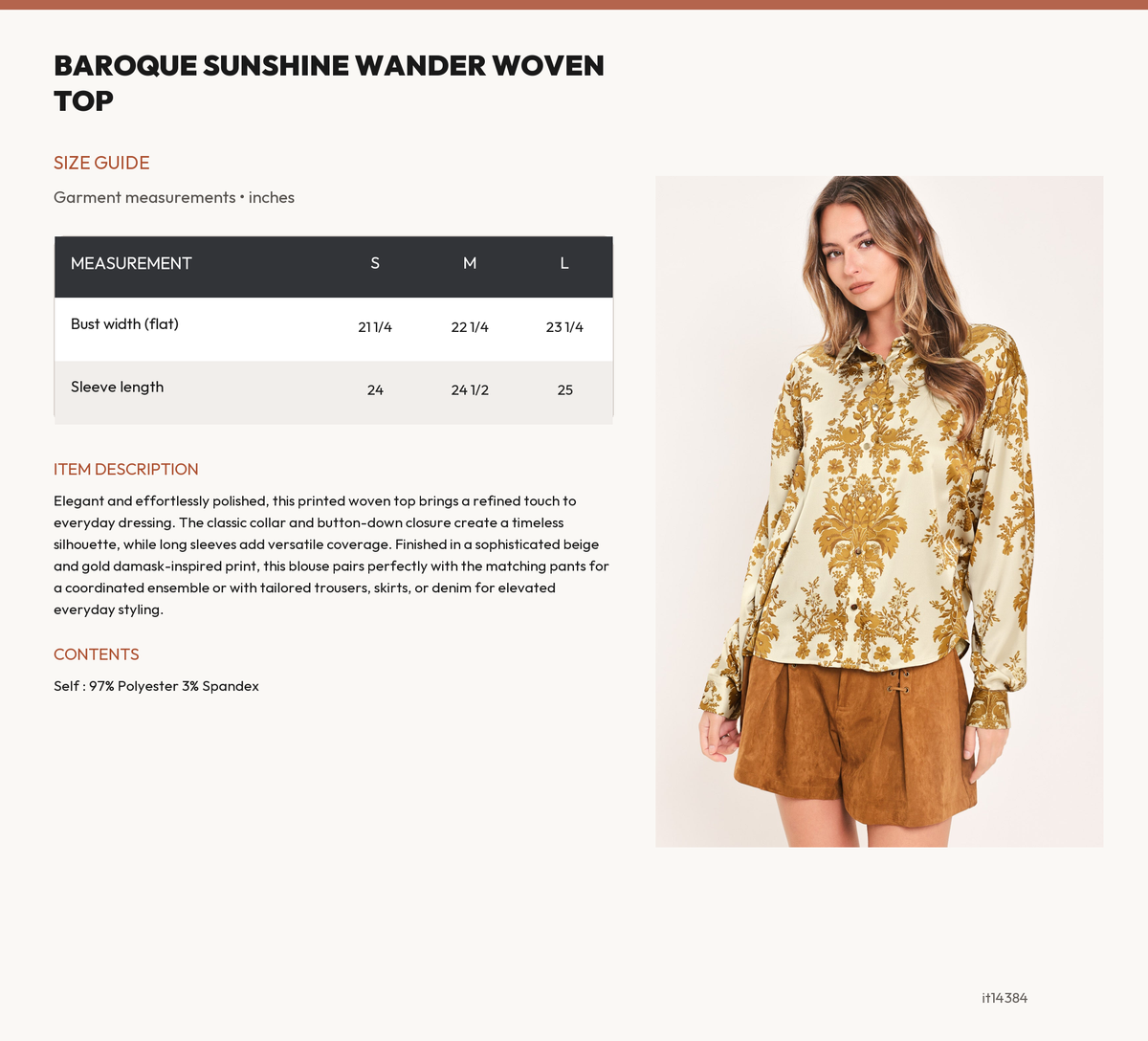 BAROQUE SUNSHINE WANDER WOVEN TOP size chart