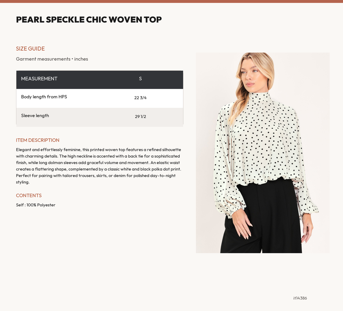 PEARL SPECKLE CHIC WOVEN TOP size chart