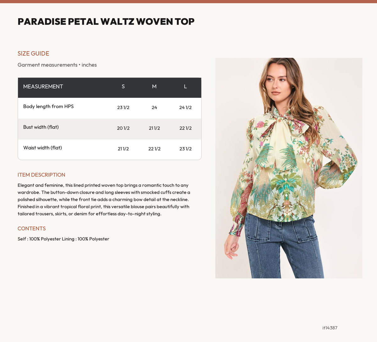 PARADISE PETAL WALTZ WOVEN TOP size chart