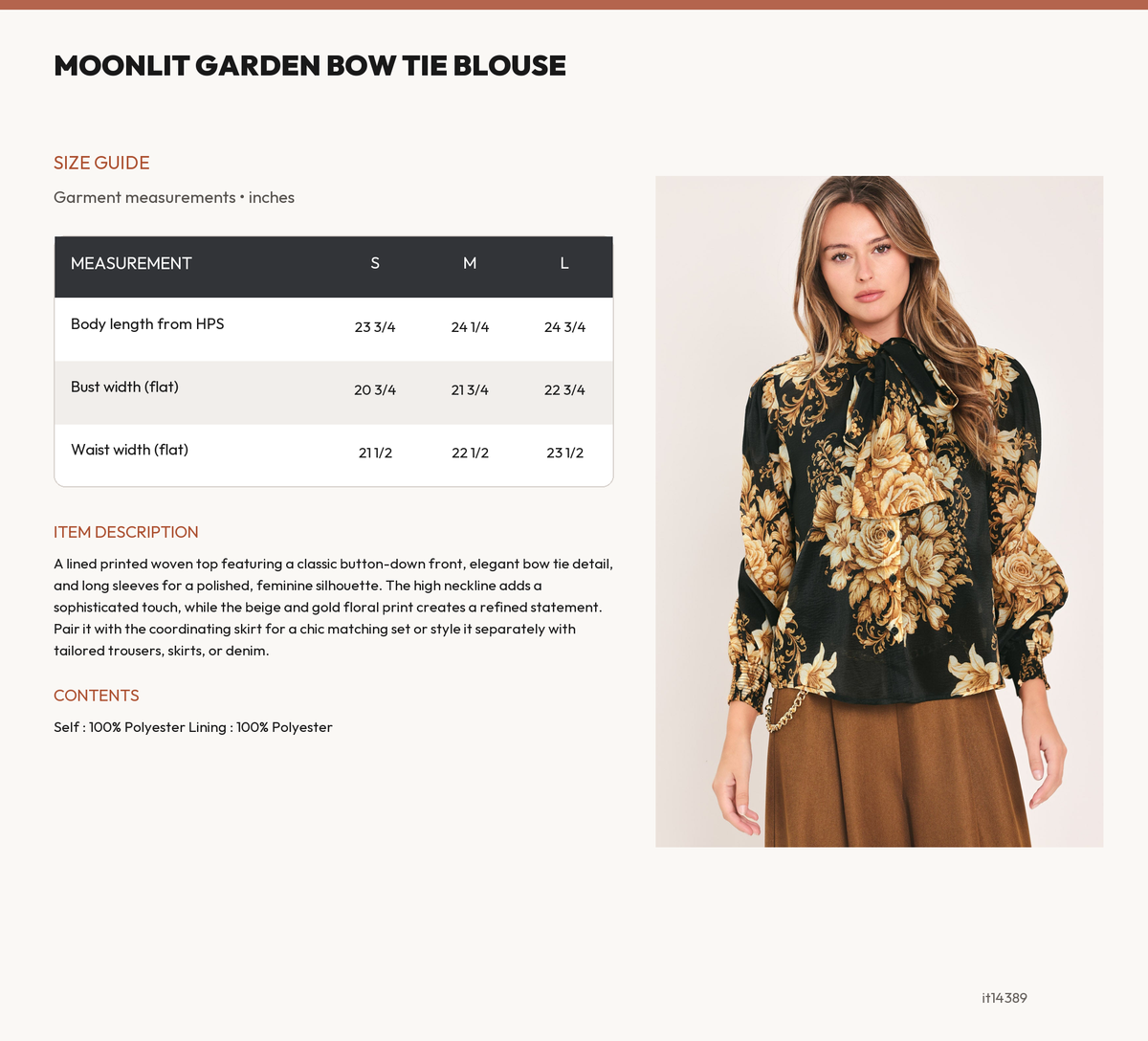 MOONLIT GARDEN BOW TIE BLOUSE size chart