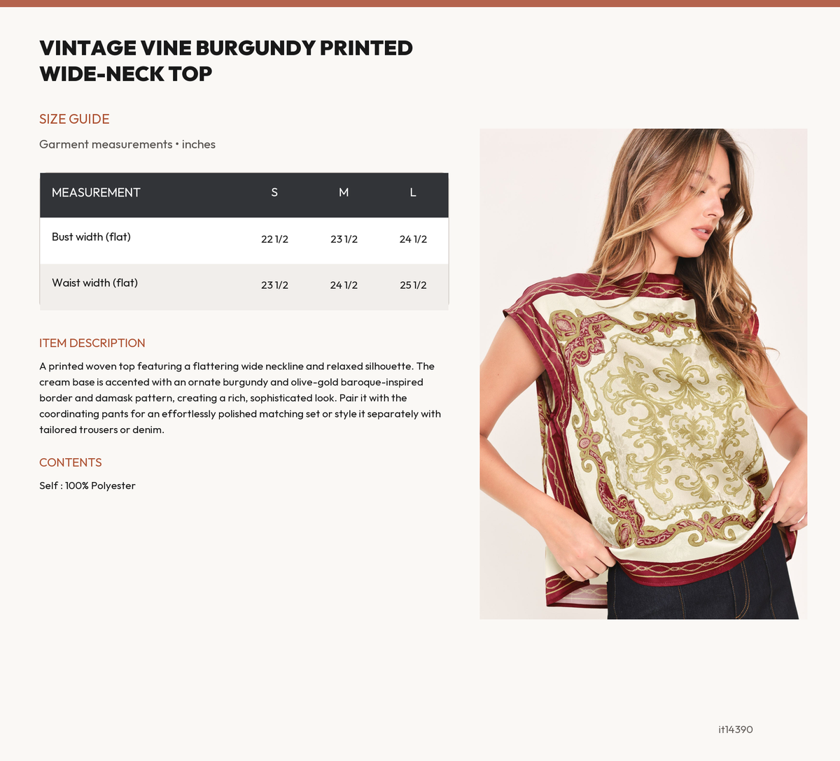 VINTAGE VINE BURGUNDY PRINTED WIDE-NECK TOP size chart