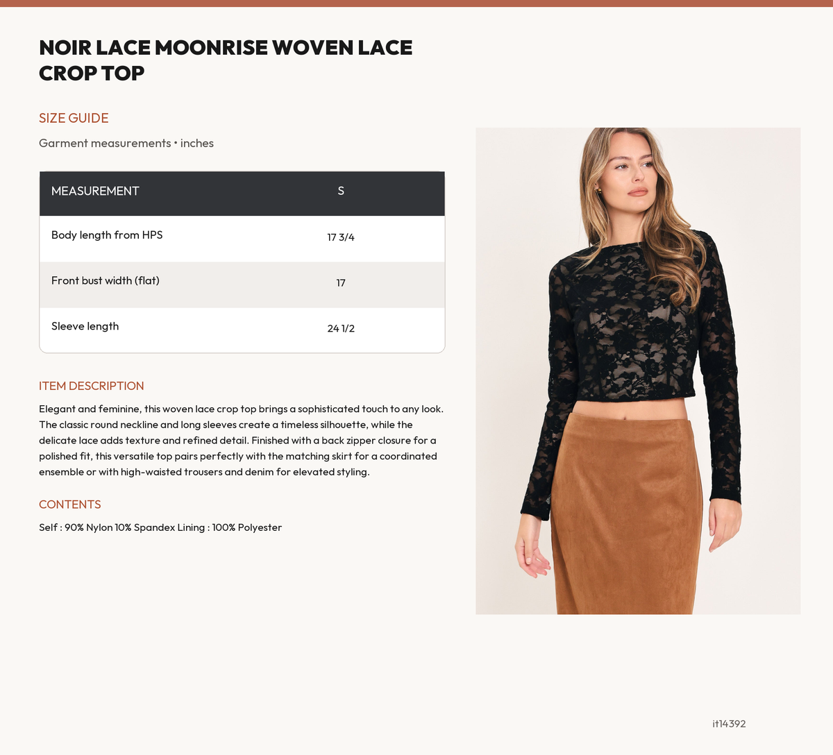 NOIR LACE MOONRISE WOVEN LACE CROP TOP size chart