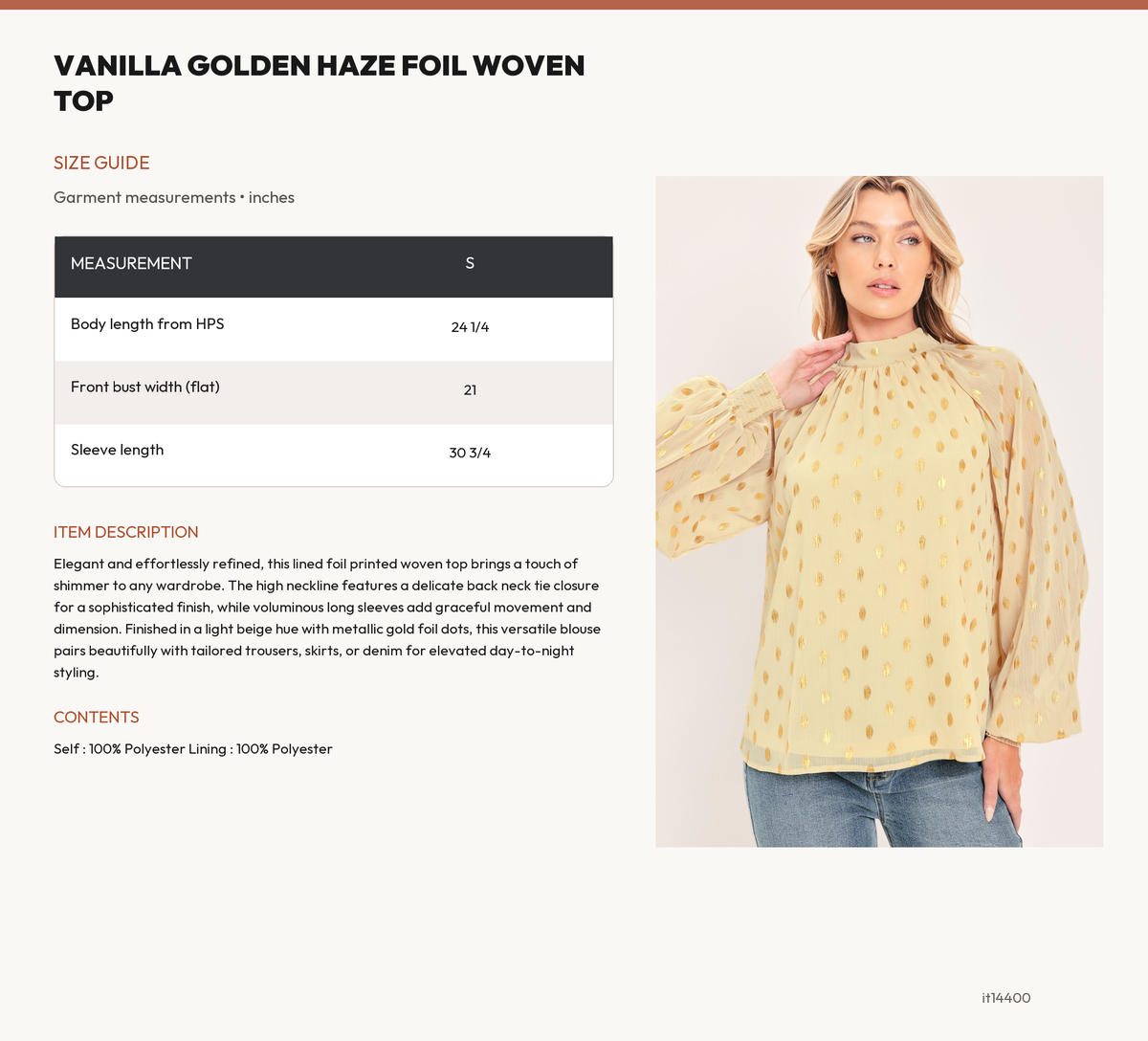 VANILLA GOLDEN HAZE FOIL WOVEN TOP size chart