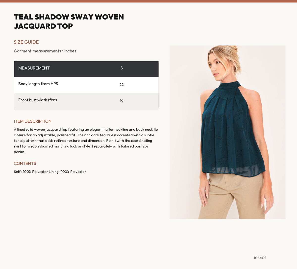 TEAL SHADOW SWAY WOVEN JACQUARD TOP size chart