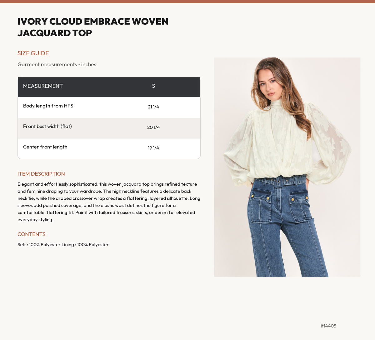 IVORY CLOUD EMBRACE WOVEN JACQUARD TOP size chart