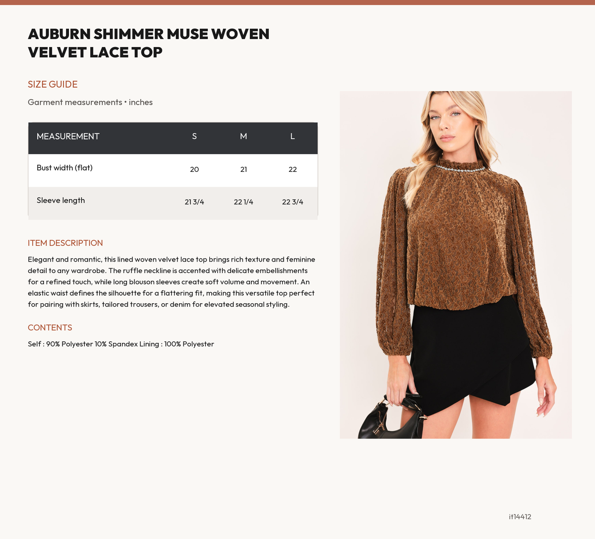 AUBURN SHIMMER MUSE WOVEN VELVET LACE TOP size chart