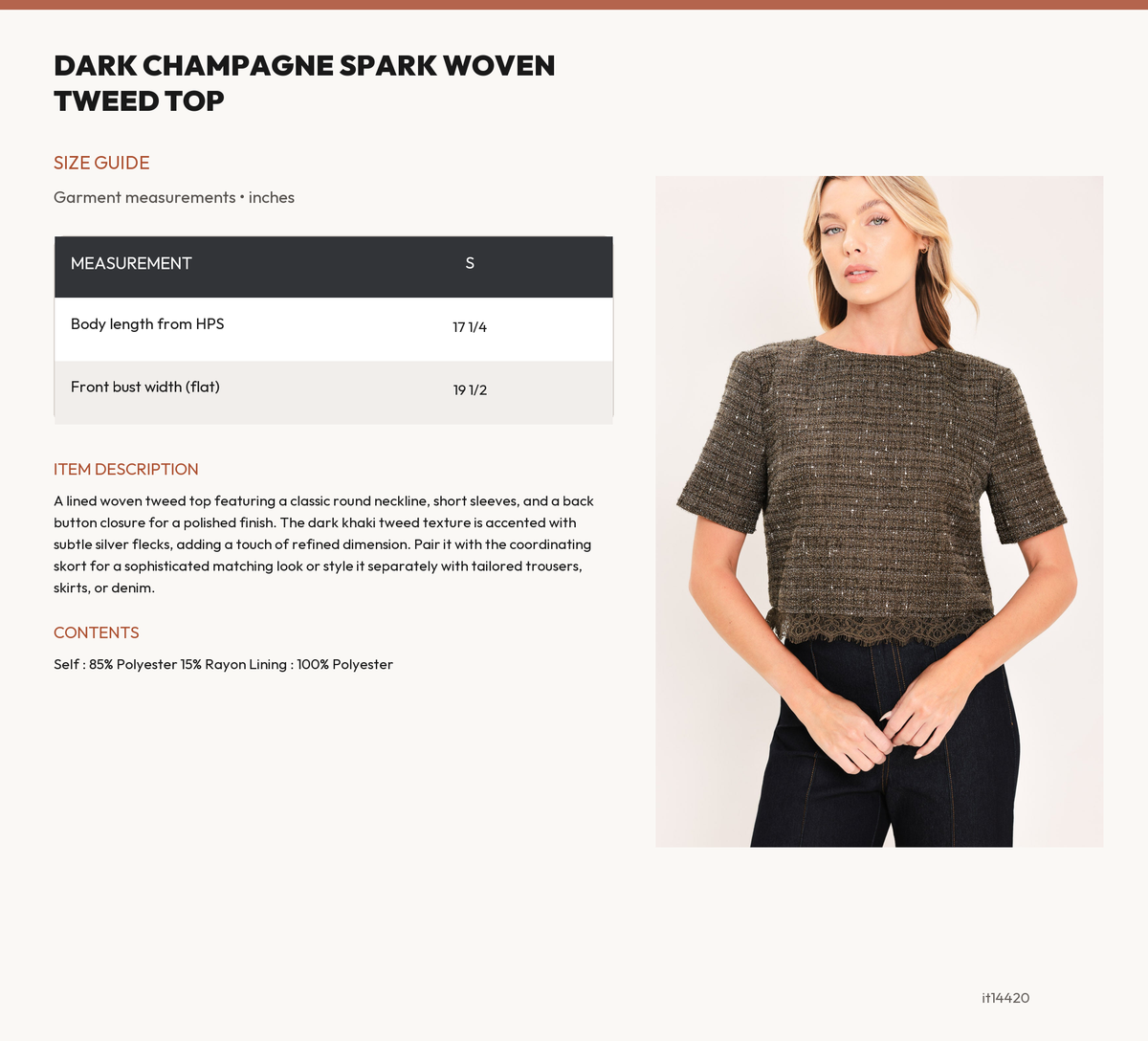 DARK CHAMPAGNE SPARK WOVEN TWEED TOP size chart