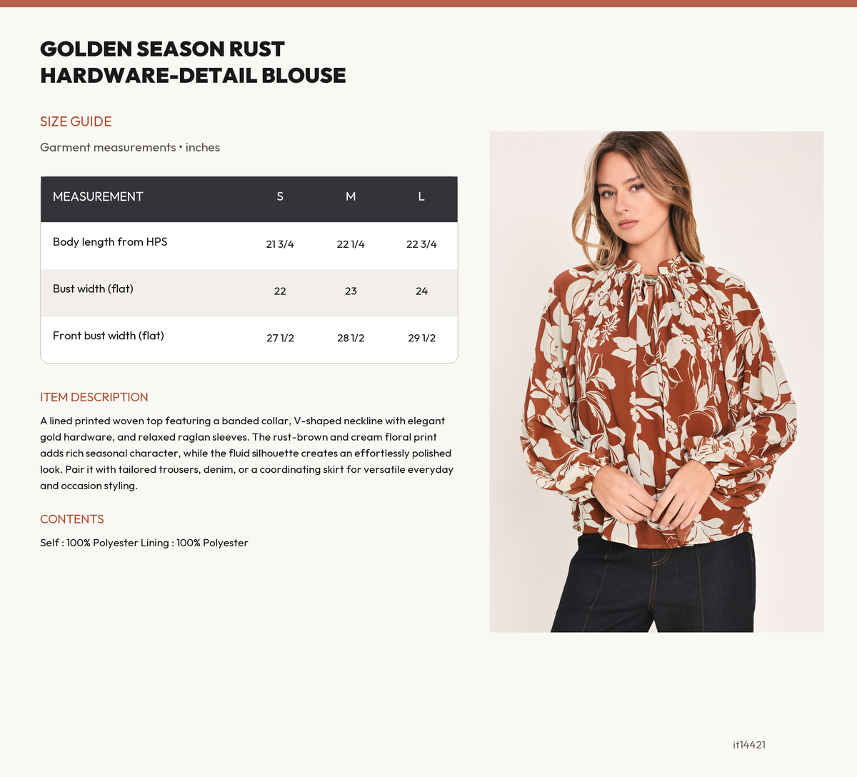 GOLDEN SEASON RUST HARDWARE-DETAIL BLOUSE size chart