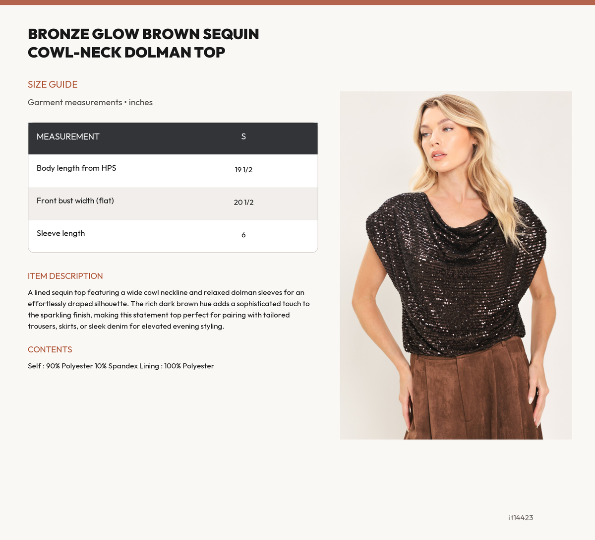 BRONZE GLOW BROWN SEQUIN COWL-NECK DOLMAN TOP size chart