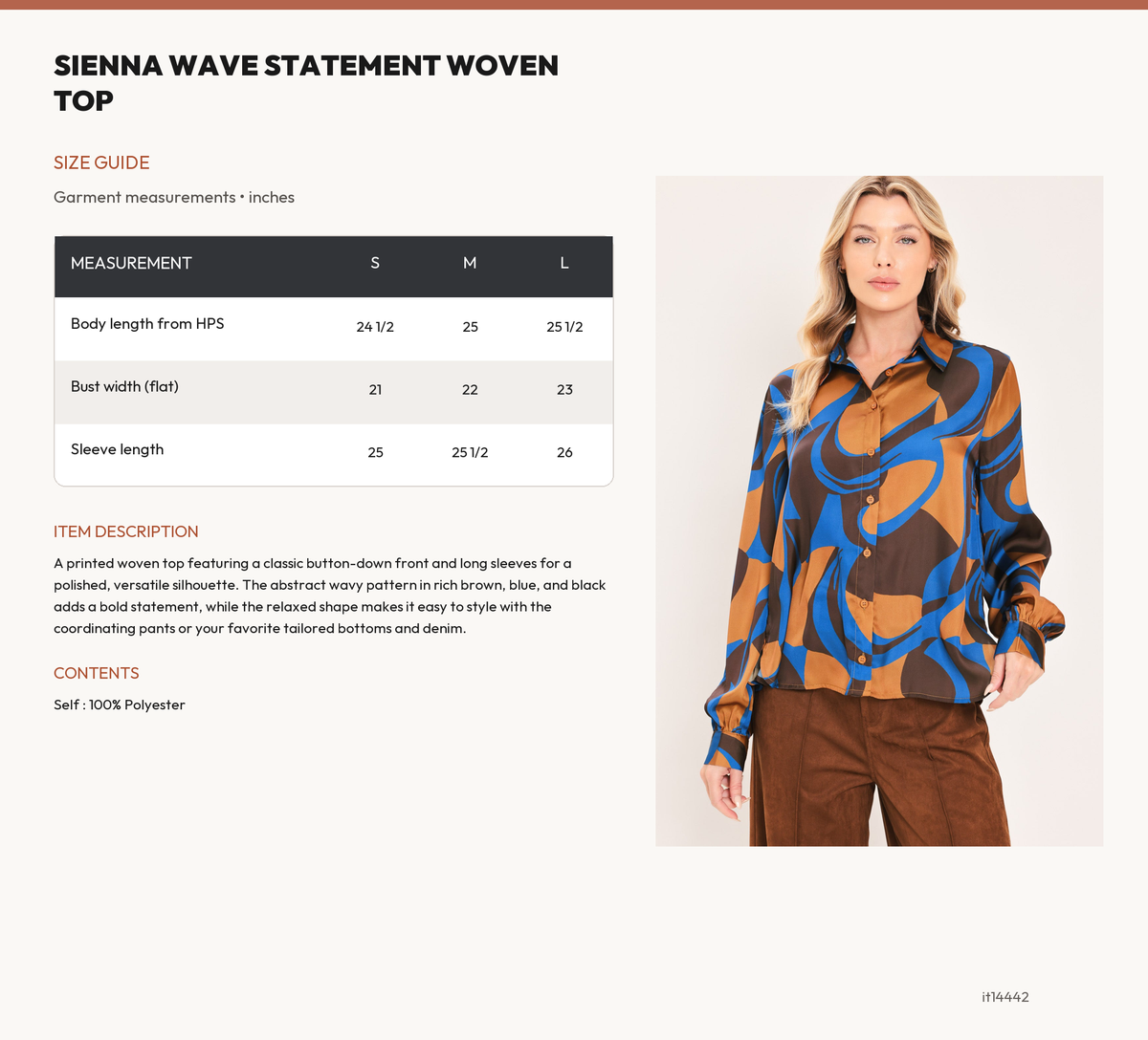 SIENNA WAVE STATEMENT WOVEN TOP size chart