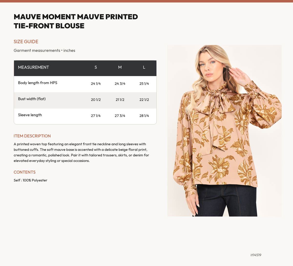 MAUVE MOMENT MAUVE PRINTED TIE-FRONT BLOUSE size chart