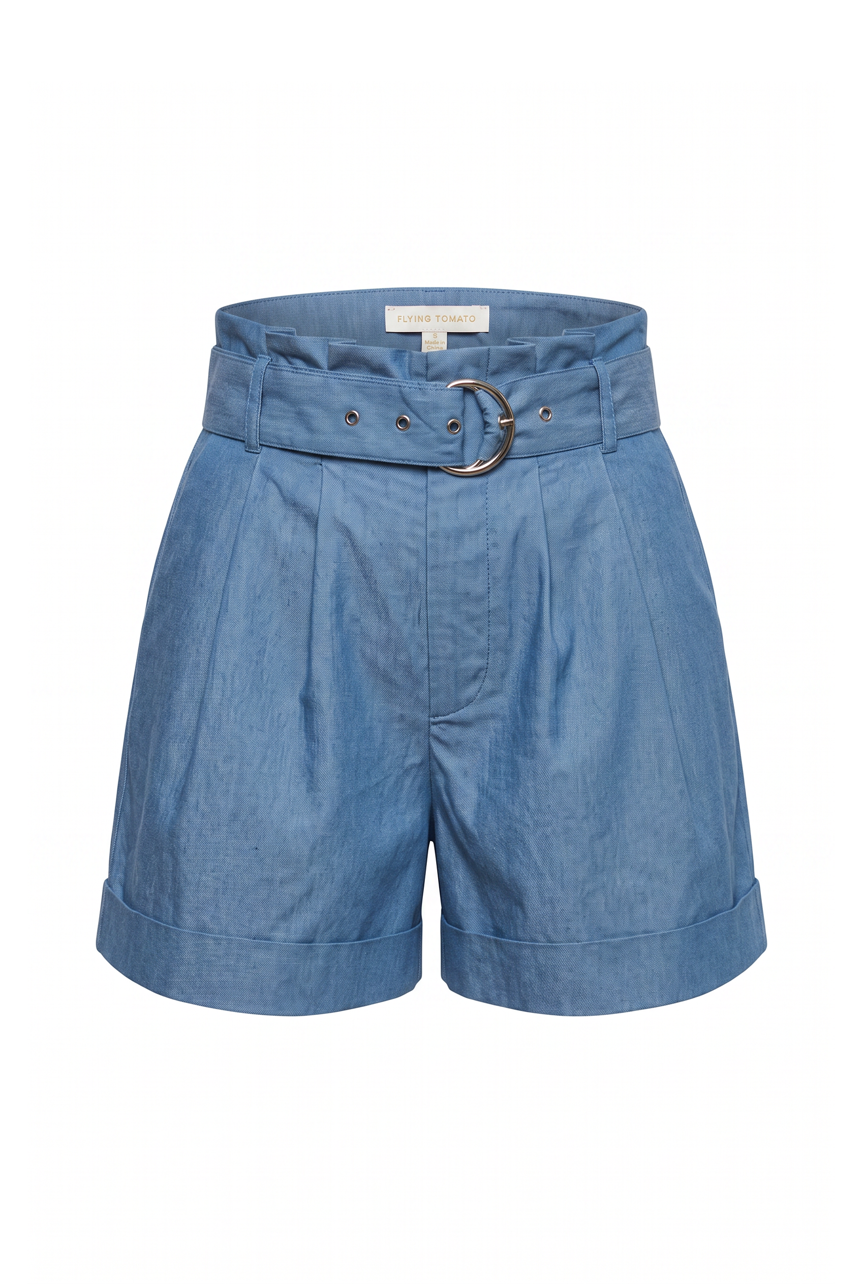 Blue denim shorts with a matching paperbag-style belt featuring a silver-tone metal ring buckle, shown against a plain white background.