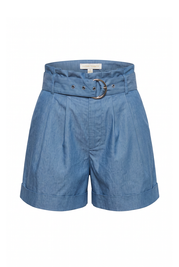 Blue denim shorts with a matching paperbag-style belt featuring a silver-tone metal ring buckle, shown against a plain white background.