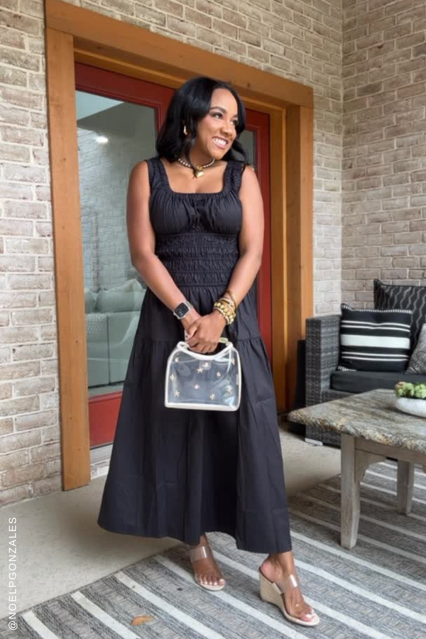 LOVELIEST LOOKS BLACK WOVEN MIDI DRESS.
