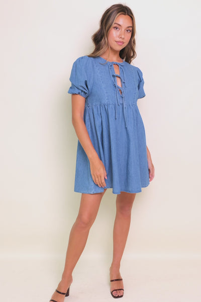 SUNSET GETAWAY DENIM MINI DRESS.