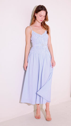 CITY BREEZE WOVEN MIDI DRESS.