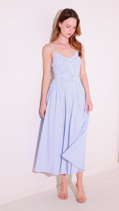 CITY BREEZE WOVEN MIDI DRESS.
